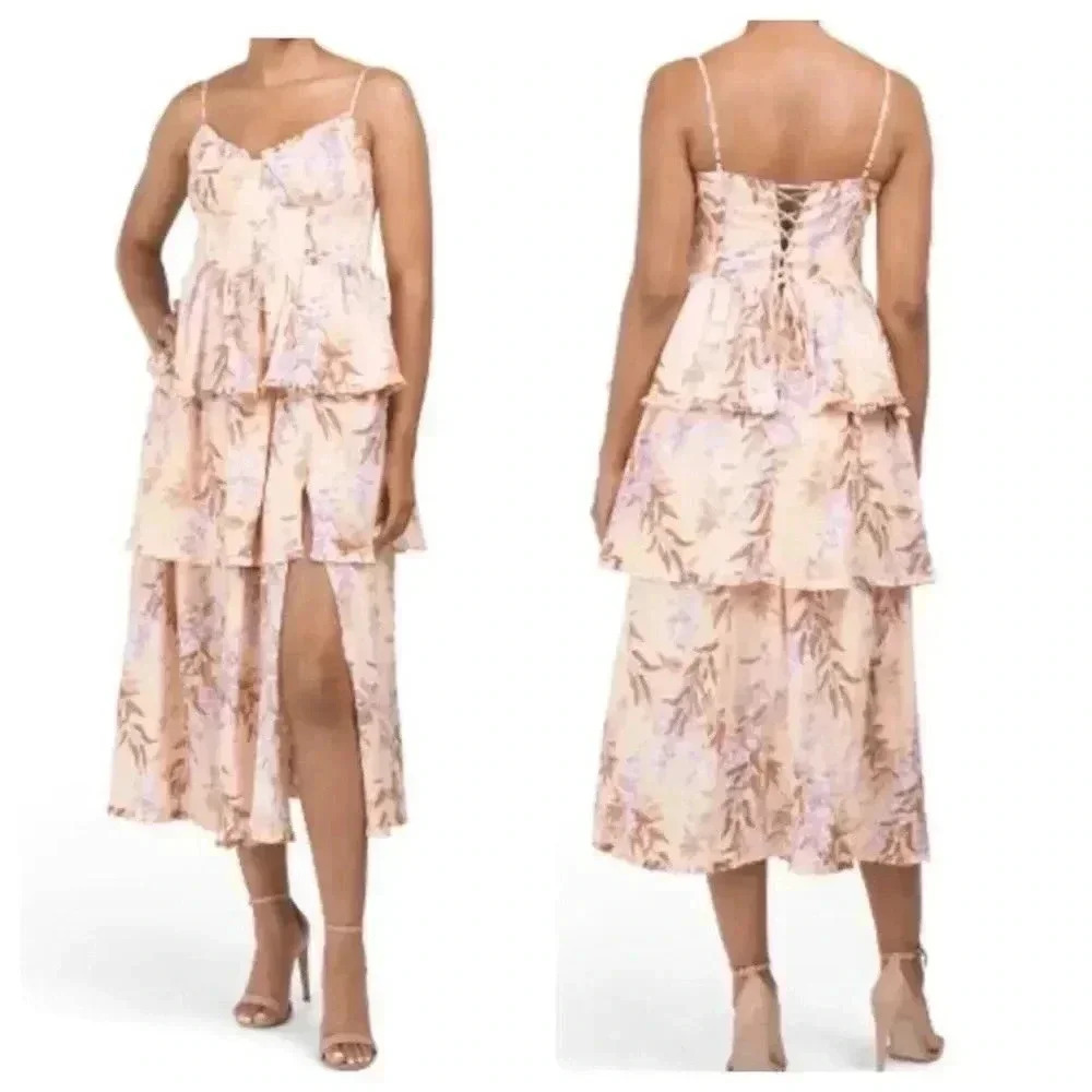 HOUSE OF HARLOW 1960 CORSET TIERED LINEN SPRING FLORAL DRESS SIZE M